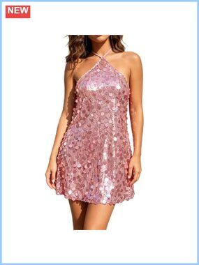 Women Glitter Sequin Dress Halter Neck Sleeveless Sparkly Sexy Party Club Mini